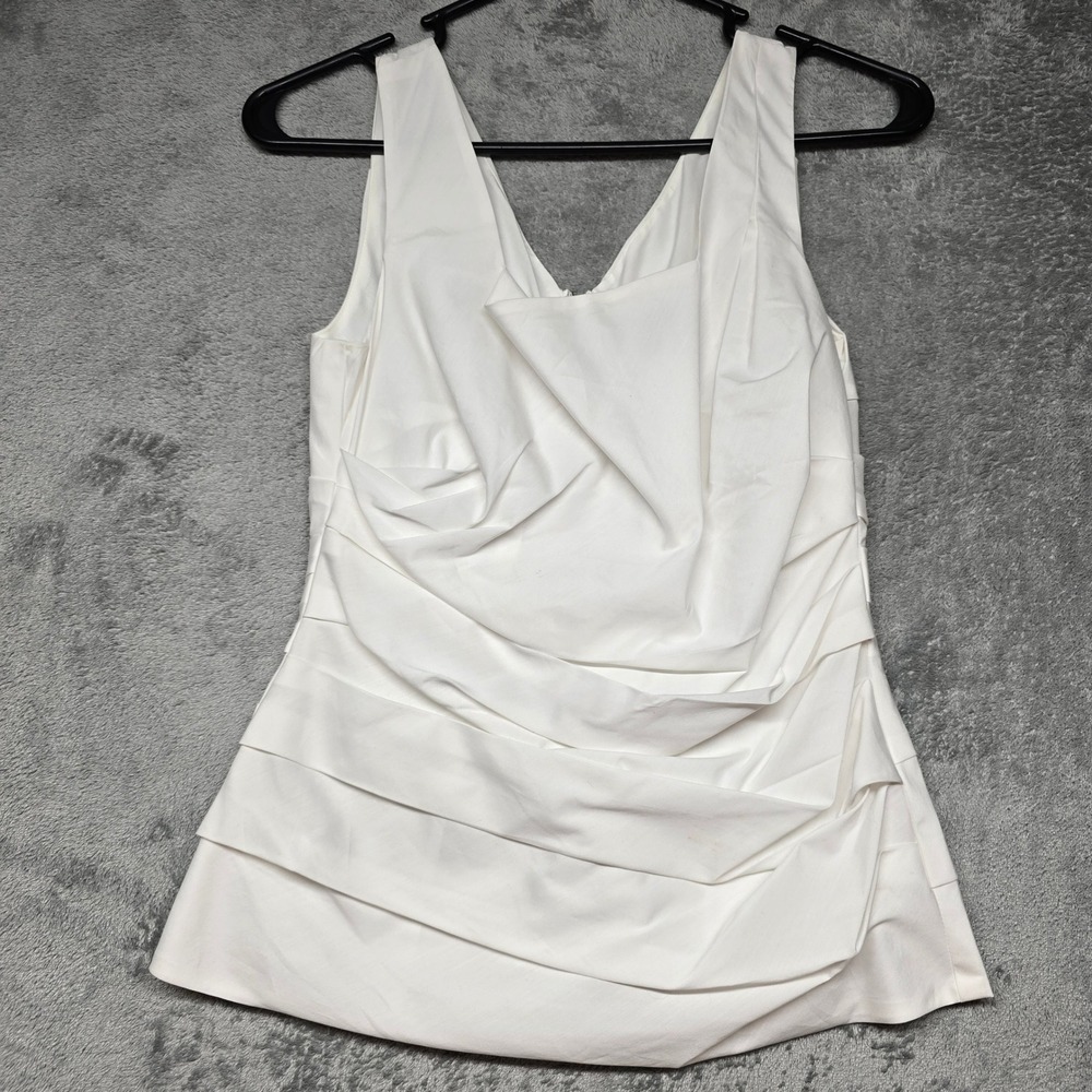 Ann Taylor Pleated Sleeveless Top Womens White 0 Back Zipper Tiered Design
